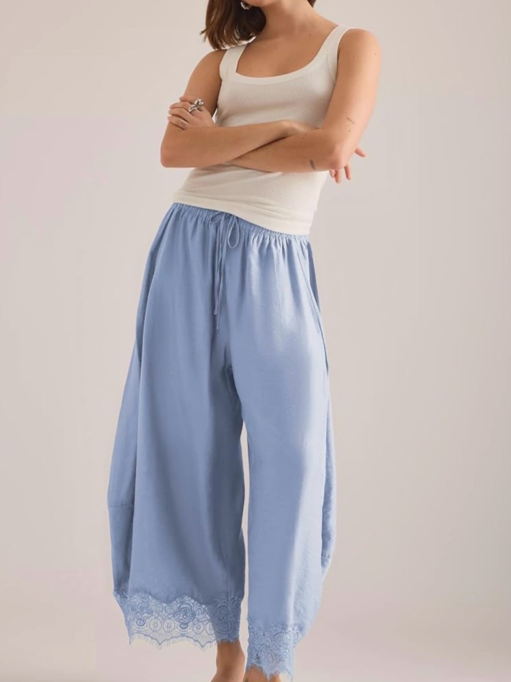 Amazon barrel Light Blue Wide-Leg Drawstring Pants with Lace Hem